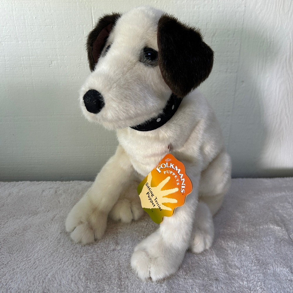 Folkmanis Sitting Terrier Hand Puppet Plush Dog Cream Brown Studded Collar NWT